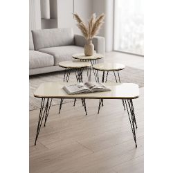 Siyah Tel Ayaklı Krem Renkli 4'lü Sehpa Seti