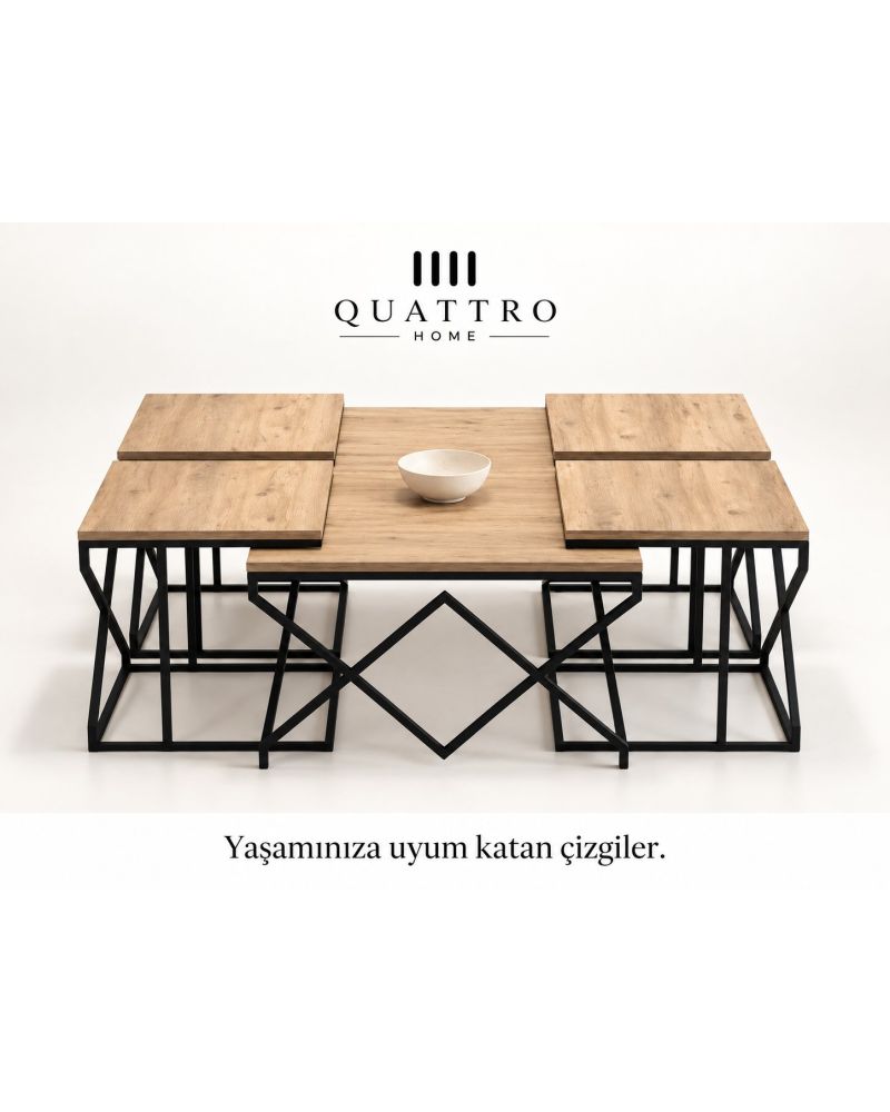 5'li Çam Desenli Orta ve Zigon Sehpa Seti Kahverengi