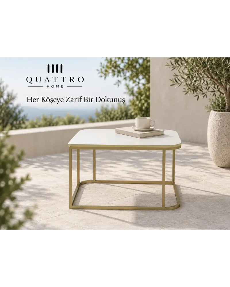 Beyaz Kare Orta Sehpa Gold Ayaklı