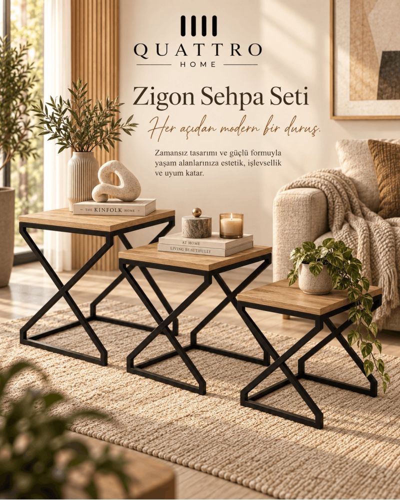 3'lü Zigon Sehpa Seti Kahverengi Atlantik Çam Desenli