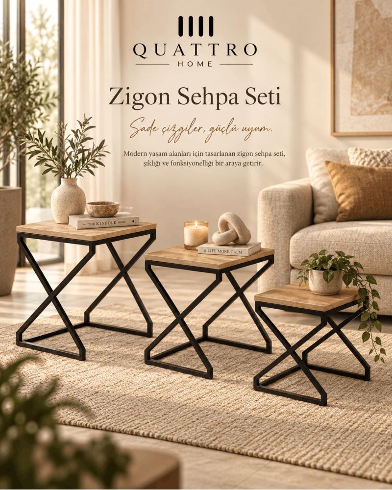 3'lü Zigon Sehpa Seti Kahverengi Atlantik Çam Desenli