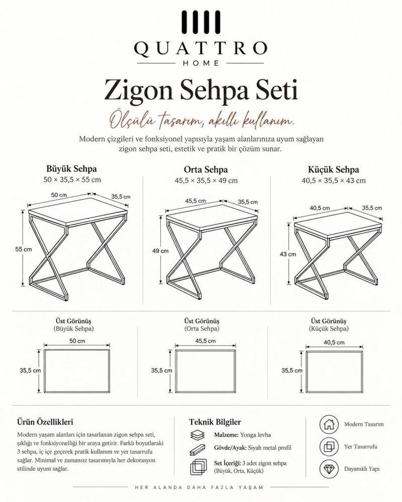 3'lü Zigon Sehpa Seti Kahverengi Atlantik Çam Desenli