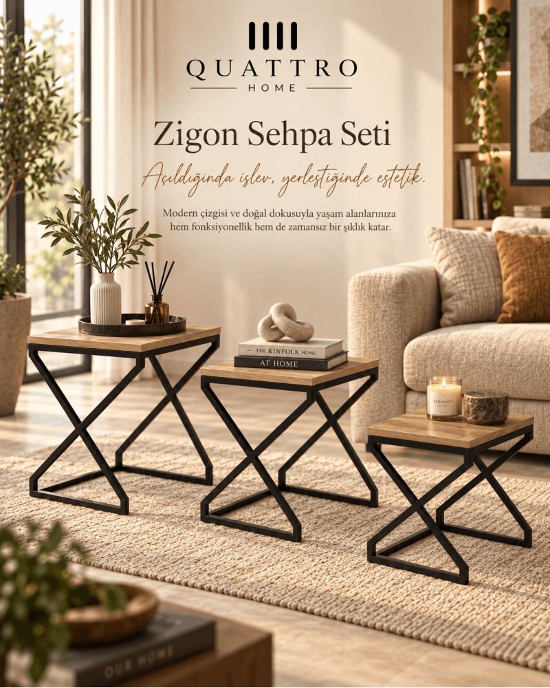 3'lü Zigon Sehpa Seti Kahverengi Atlantik Çam Desenli