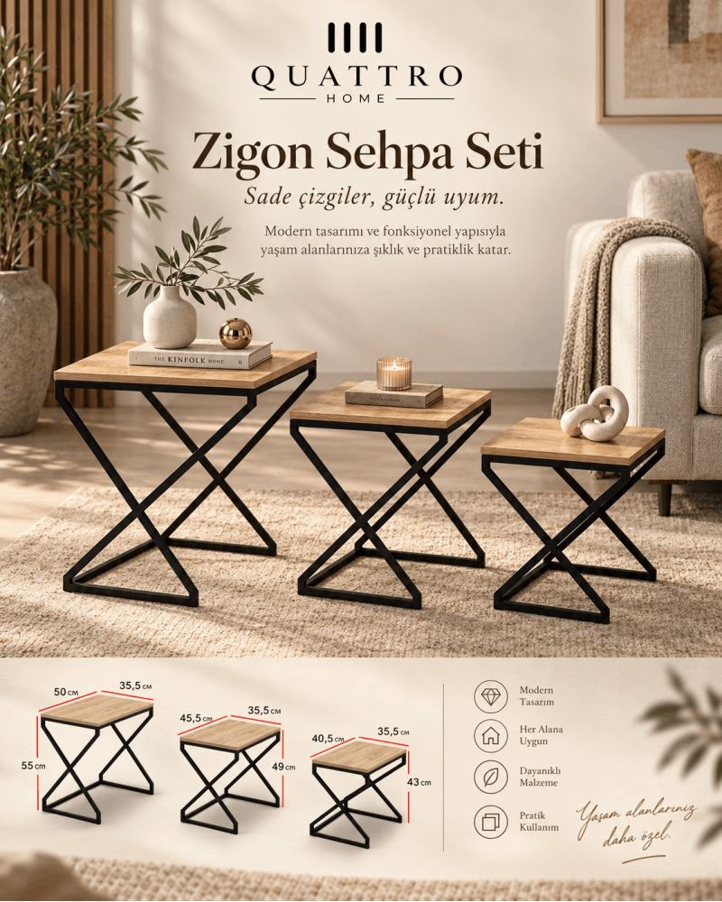 3'lü Zigon Sehpa Seti Kahverengi Atlantik Çam Desenli