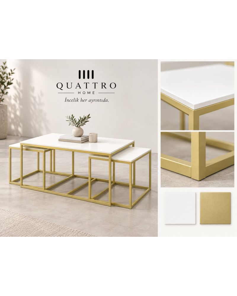 Beyaz Gold 4'lü Orta ve Zigon Sehpa Seti