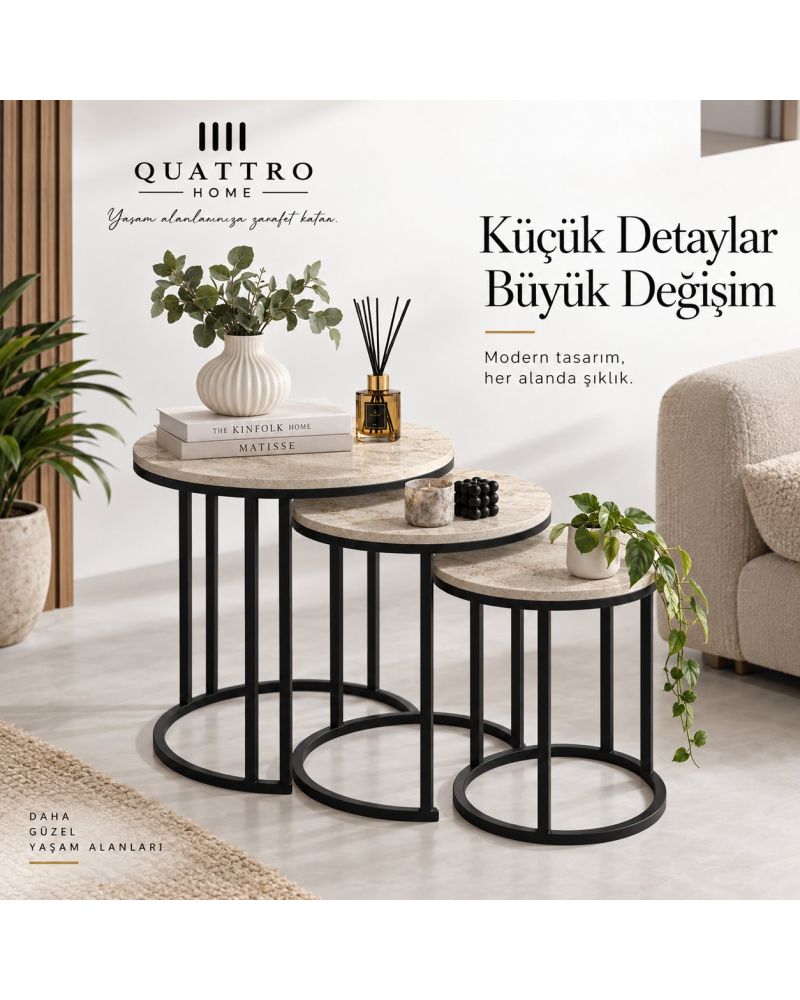Traverten Desenli Ekru C Zigon Sehpa Seti - 3'lü