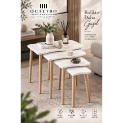 Torna Ayaklı Beyaz Zigon Sehpa Takımı 4'lü