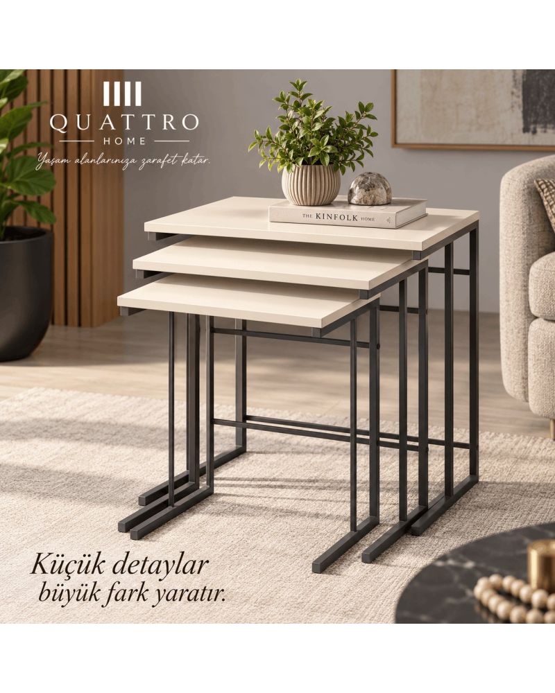 Ekru Traverten Desenli 3'lü Zigon Sehpa Seti