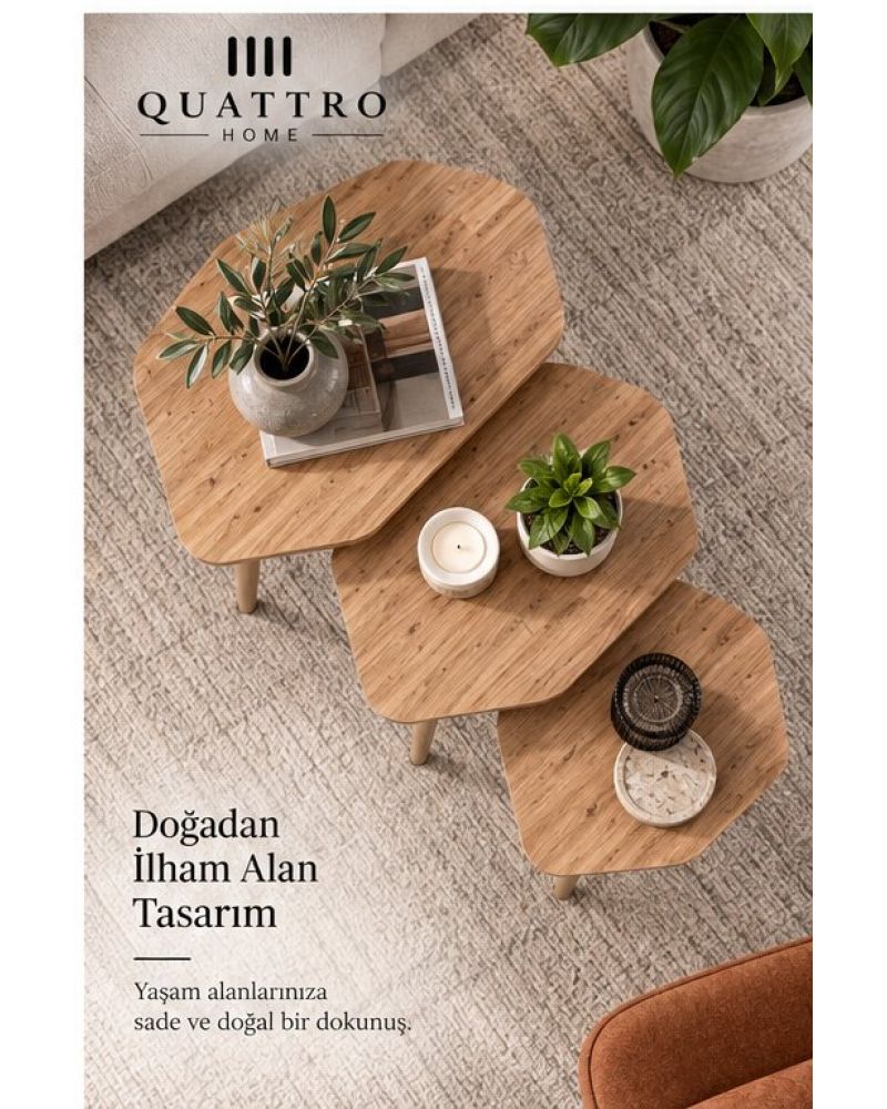 3'lü Geometrik Zigon Sehpa Seti Kahverengi
