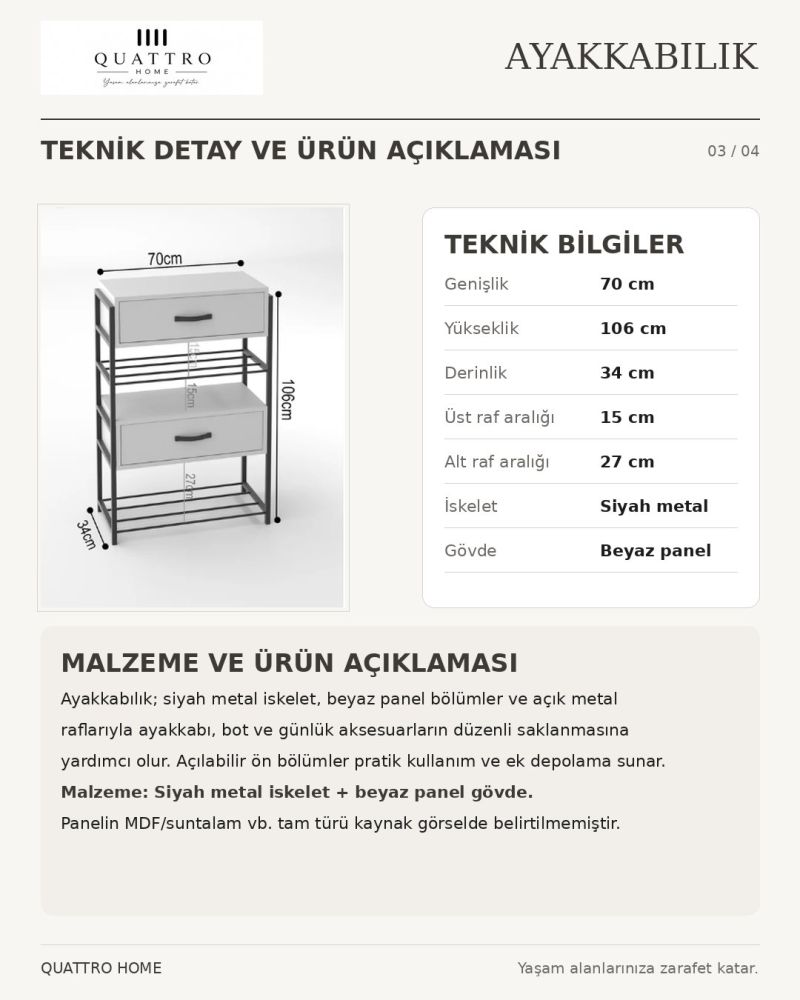 Beyaz Kapaklı Metal Gövdeli Ayakkabılık ve Dresuar