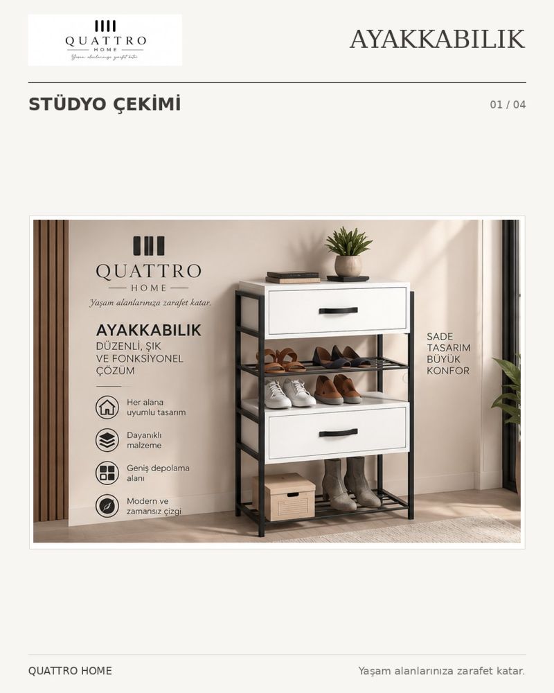 Beyaz Kapaklı Metal Gövdeli Ayakkabılık ve Dresuar
