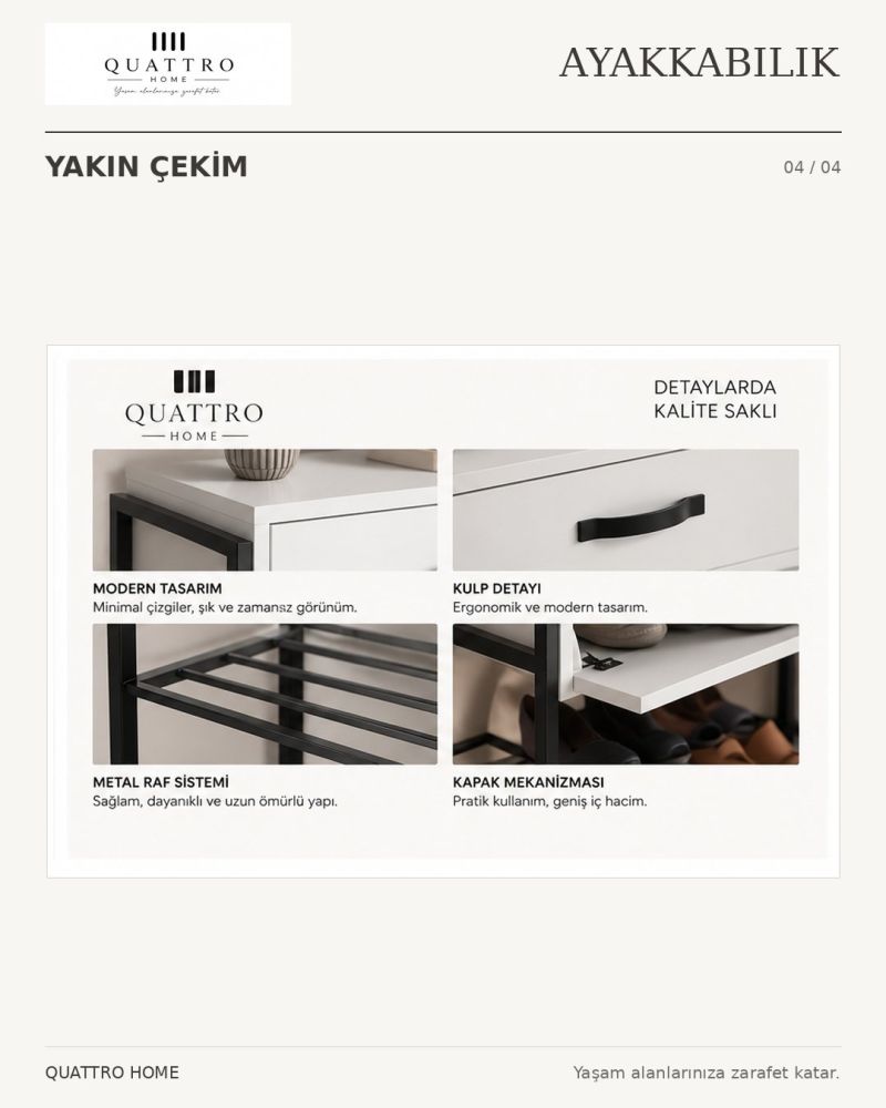 Beyaz Kapaklı Metal Gövdeli Ayakkabılık ve Dresuar