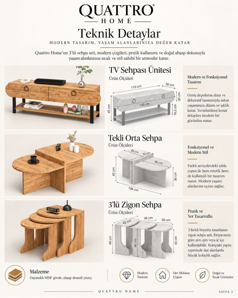 6'lı Kahverengi Mobilya Seti - Atlantik Çam Desenli ve Metal Ayaklı