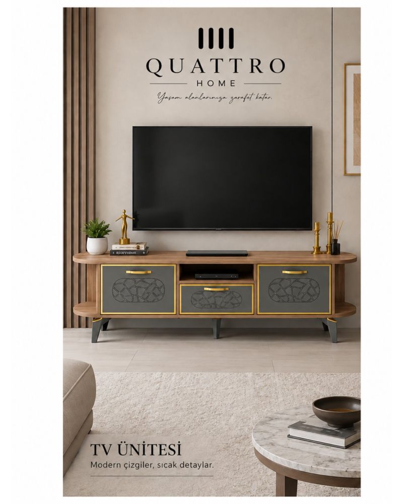 Kahverengi Gold Detaylı TV Ünitesi 160 cm