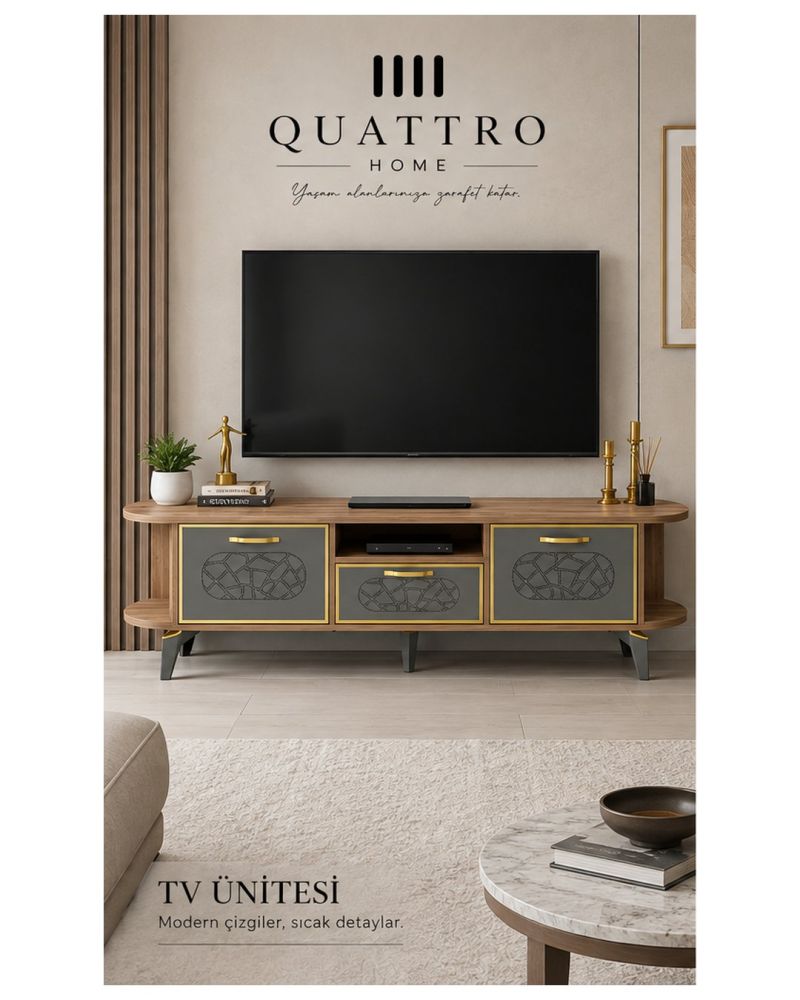 Kahverengi Gold Detaylı TV Ünitesi 160 cm