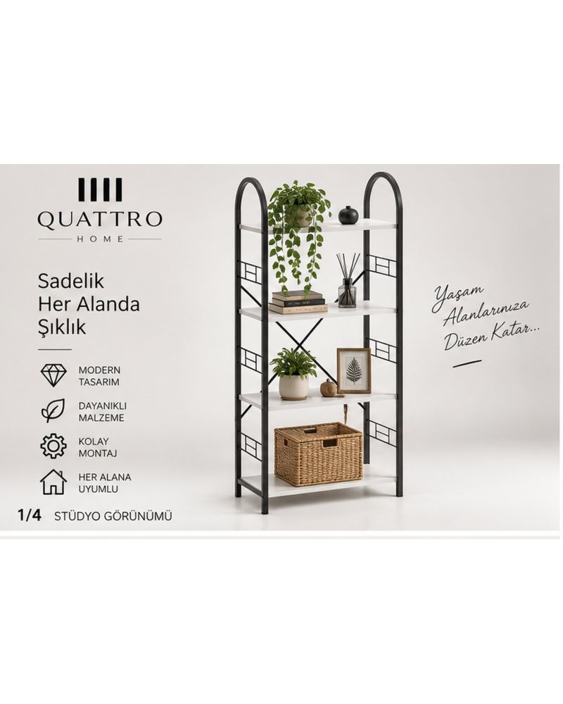 Metal Kitaplık Beyaz 150 cm 4 Raflı Çok Amaçlı Raf Ünitesi