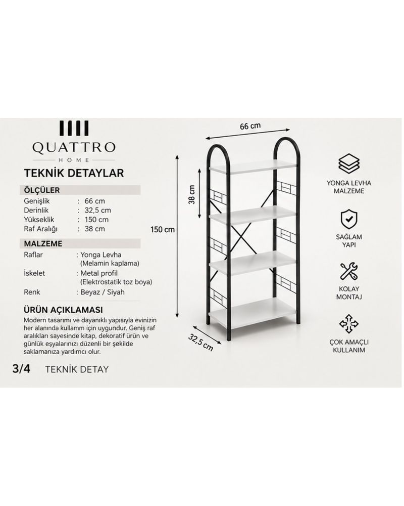 Metal Kitaplık Beyaz 150 cm 4 Raflı Çok Amaçlı Raf Ünitesi