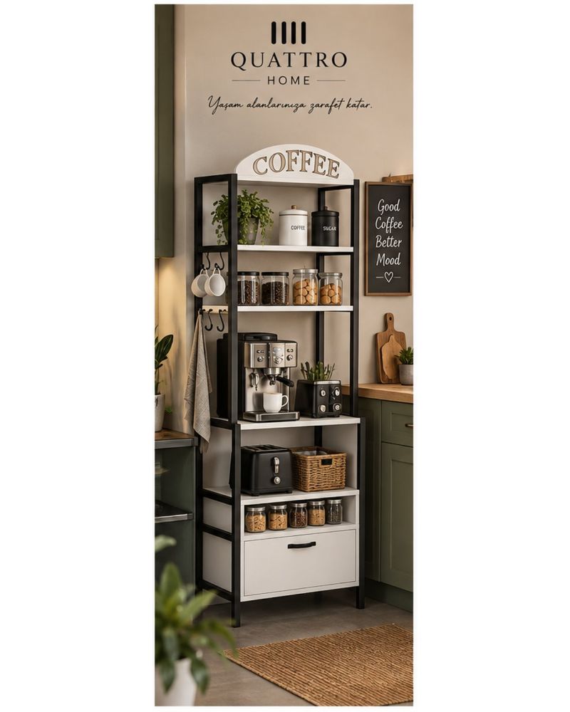 Metal Kahve Köşesi ve Mutfak Düzenleyici Stand 196 cm Beyaz