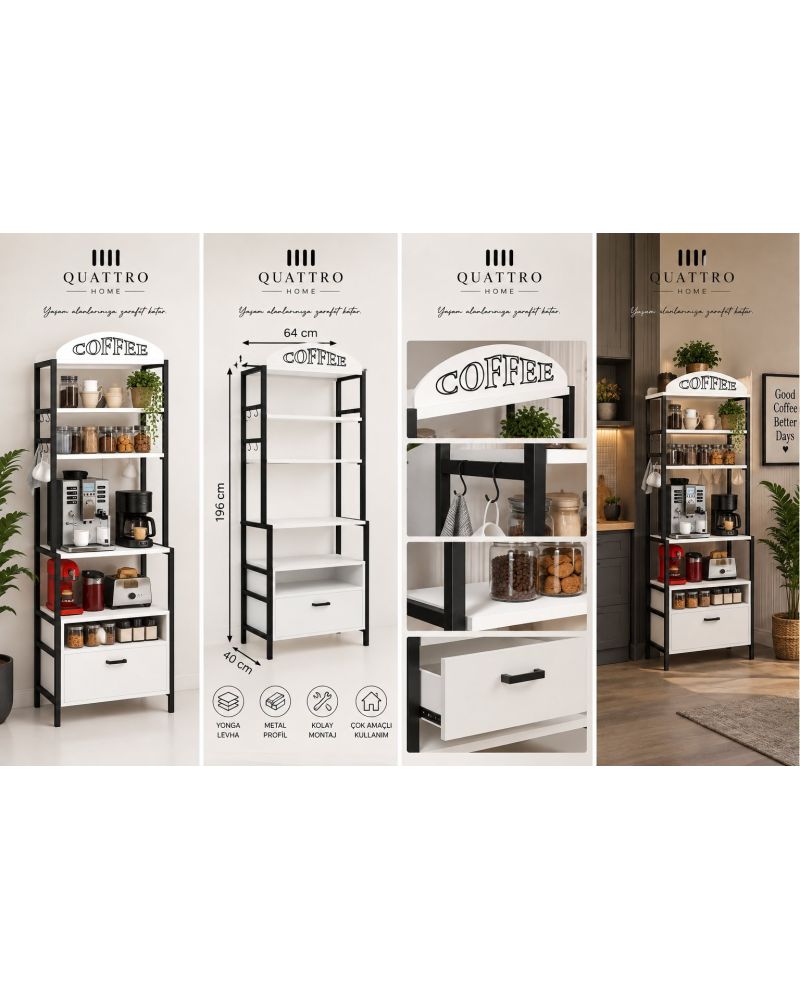 Metal Kahve Köşesi ve Mutfak Düzenleyici Stand 196 cm Beyaz