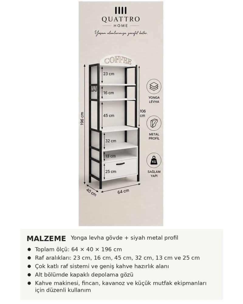 Metal Kahve Köşesi ve Mutfak Düzenleyici Stand 196 cm Beyaz