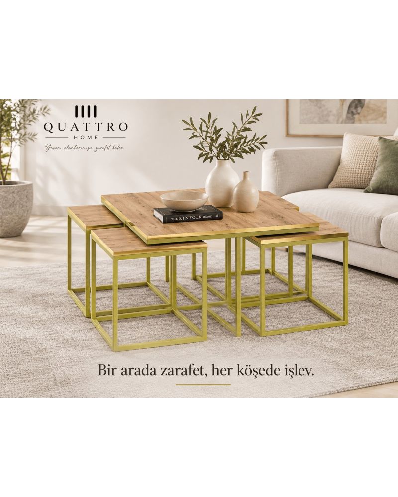 5'li Ceviz Desenli ve Gold Metal Ayaklı Sehpa Seti