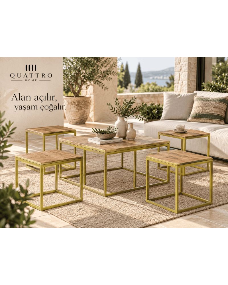 5'li Ceviz Desenli ve Gold Metal Ayaklı Sehpa Seti