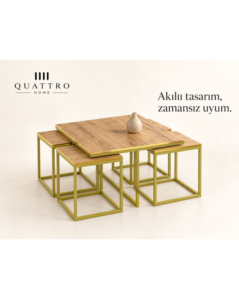 5'li Ceviz Desenli ve Gold Metal Ayaklı Sehpa Seti