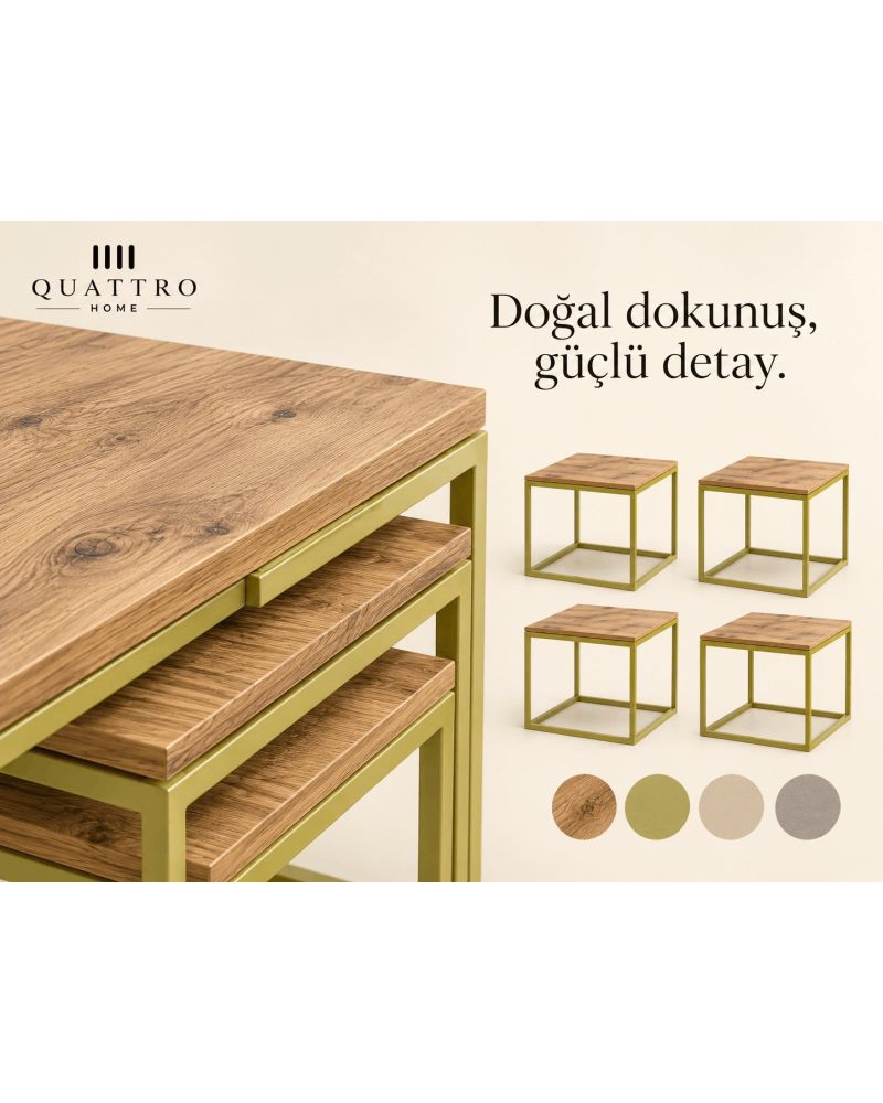 5'li Ceviz Desenli ve Gold Metal Ayaklı Sehpa Seti