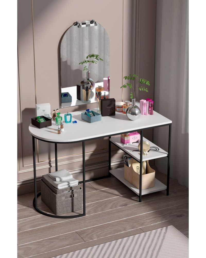 White Oval-Shaped Work and Makeup Desk with Mirror and Shelves