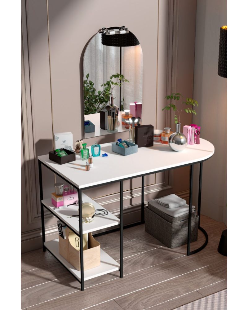 White Oval-Shaped Work and Makeup Desk with Mirror and Shelves