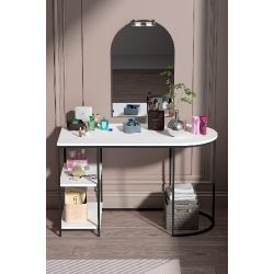 White Oval-Shaped Work and Makeup Desk with Mirror and Shelves