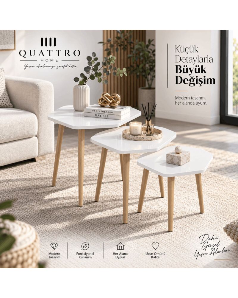 Ekru Renkli Geometrik Formlu 3'lü Zigon Sehpa Seti