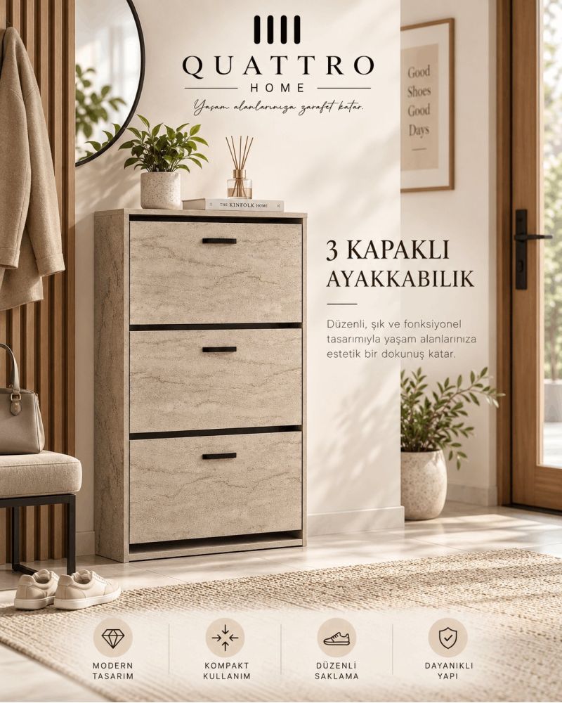 Ekru Traverten Desenli Düşer Kapaklı Ayakkabılık