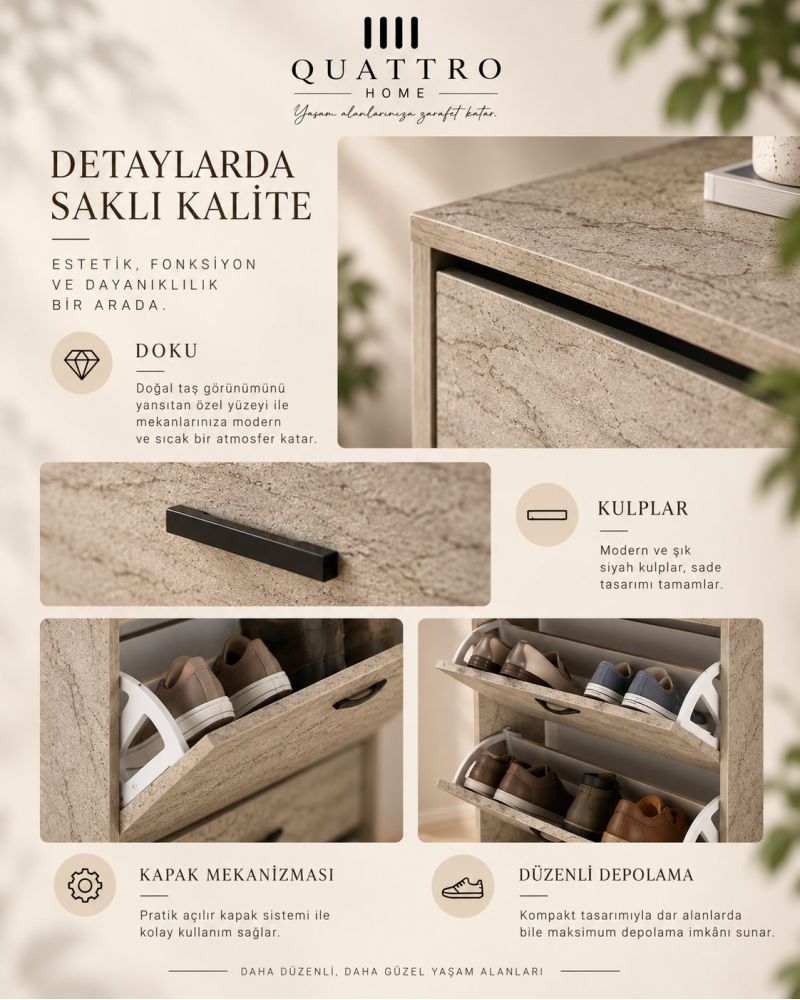 Ekru Traverten Desenli Düşer Kapaklı Ayakkabılık