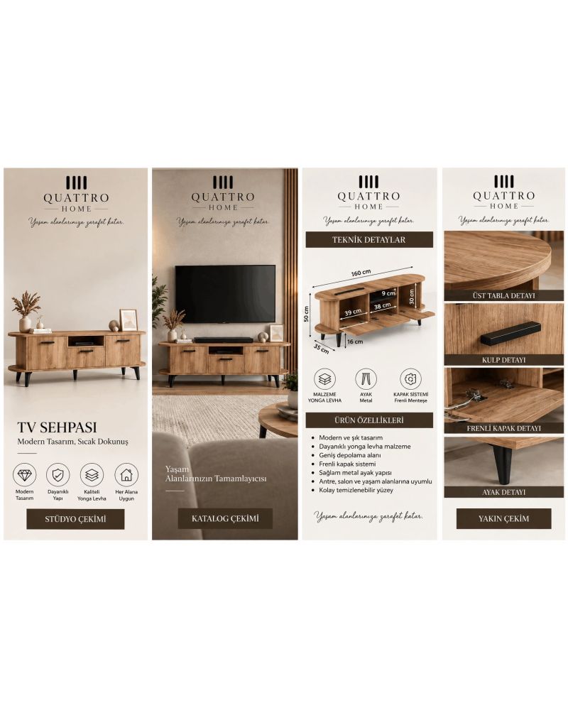 MİRA TV Sehpası 160 cm Metal Ayaklı Modern Konsol Ünitesi