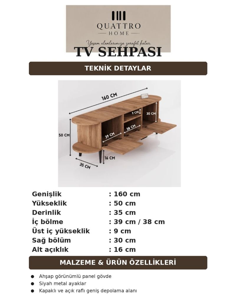 MİRA TV Sehpası 160 cm Metal Ayaklı Modern Konsol Ünitesi