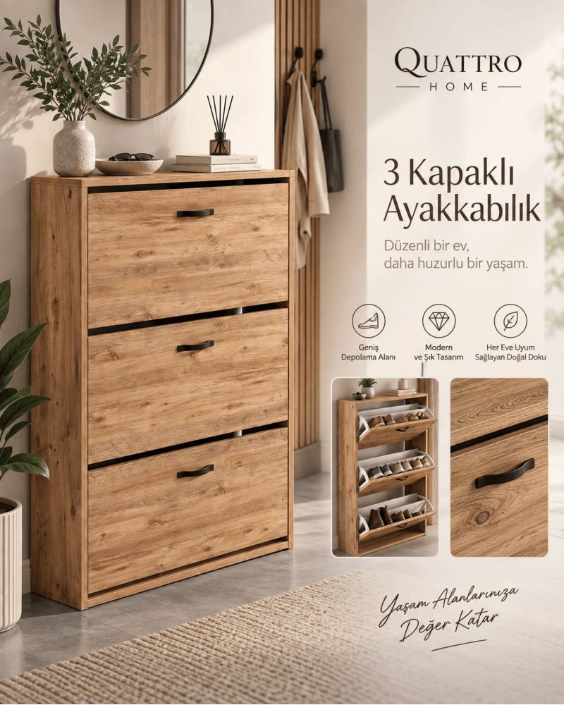 Düşer Kapaklı Ayakkabılık Kahverengi 74 cm