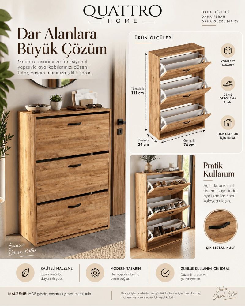 Düşer Kapaklı Ayakkabılık Kahverengi 74 cm