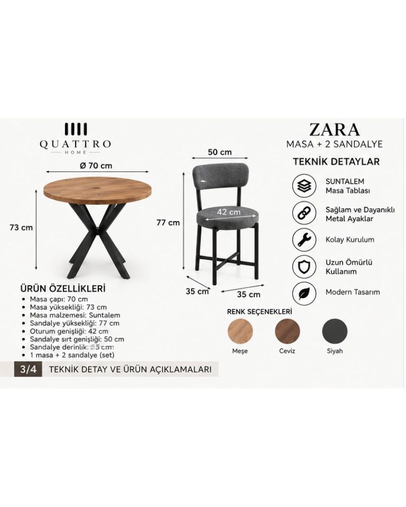 Gri Yemek Masası ve 2 Adet Sandalye Seti 70 cm