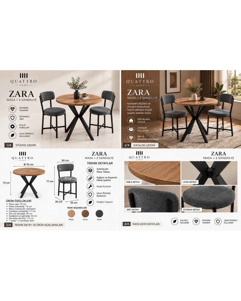 Gri Yemek Masası ve 2 Adet Sandalye Seti 70 cm