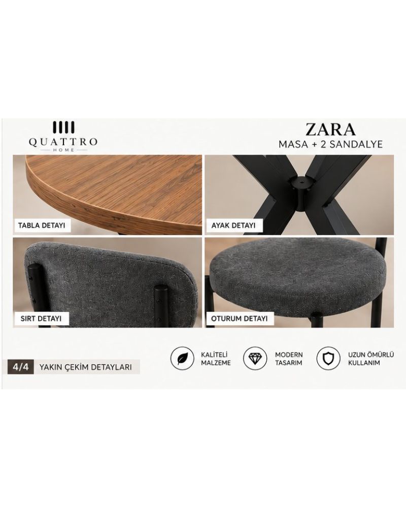 Gri Yemek Masası ve 2 Adet Sandalye Seti 70 cm