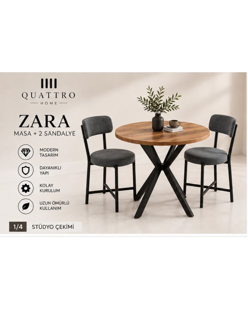 Gri Yemek Masası ve 2 Adet Sandalye Seti 70 cm