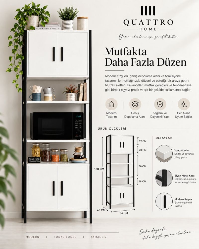 Metal Ayaklı Beyaz Fırın Dolabı ve Kiler Düzenleyici