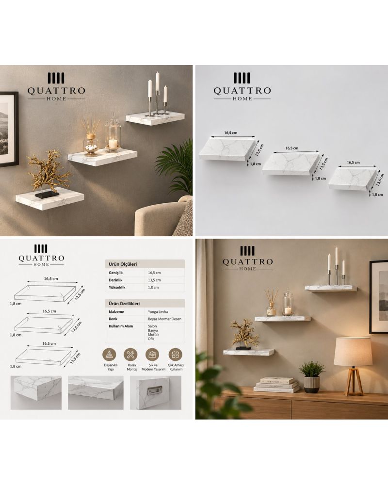 3'lü Kare Duvar Rafı Seti Mermer Desenli Beyaz