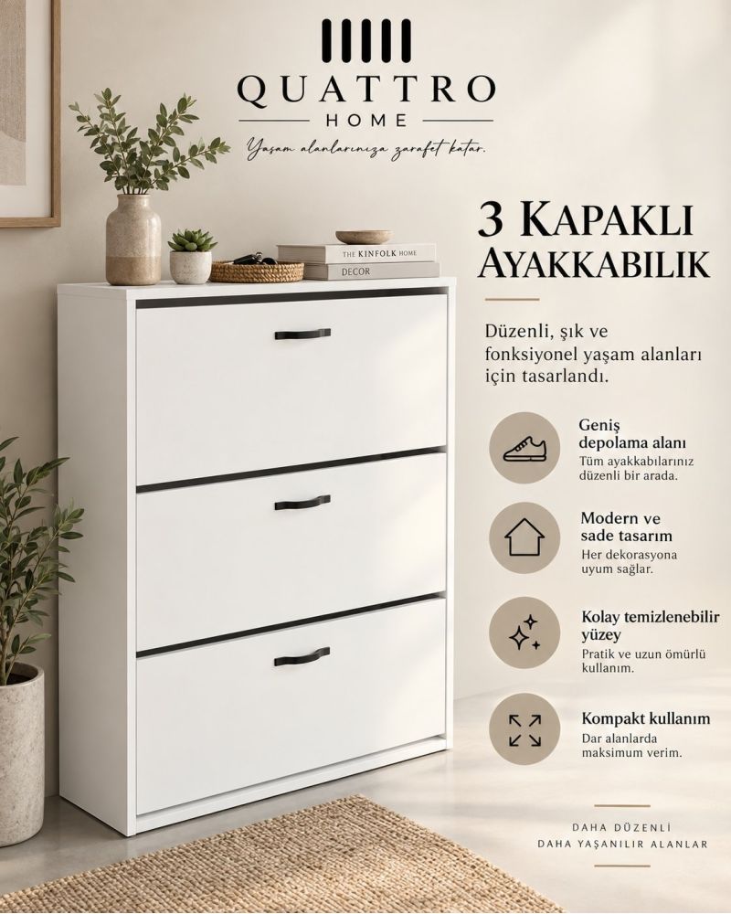 Düşer Kapaklı Ayakkabılık Beyaz 74 cm