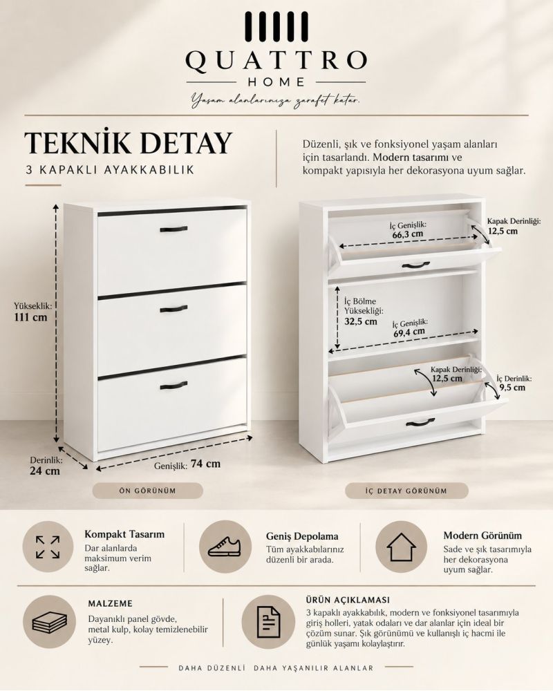 Düşer Kapaklı Ayakkabılık Beyaz 74 cm