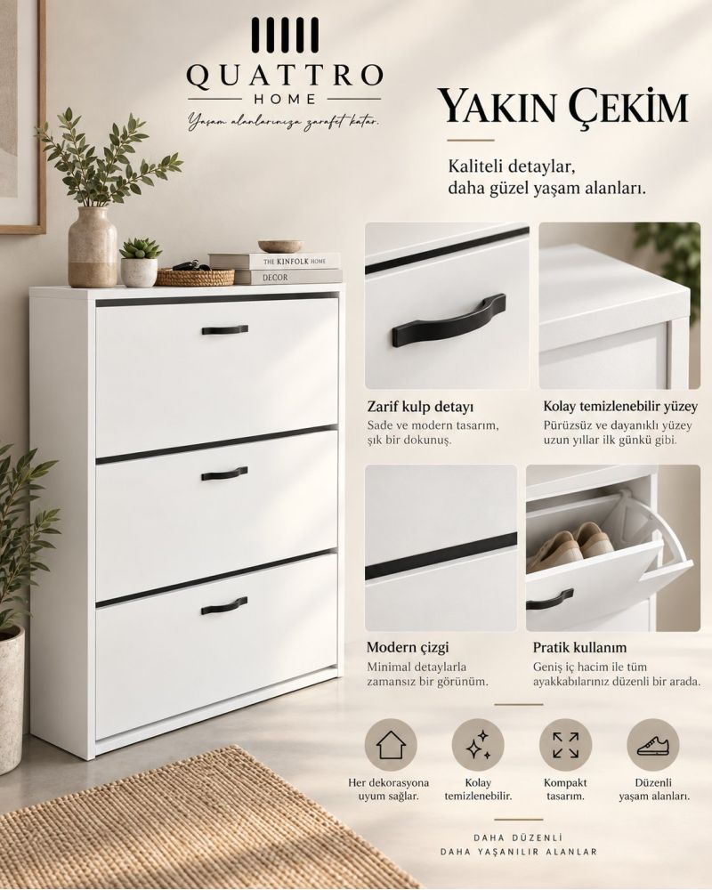 Düşer Kapaklı Ayakkabılık Beyaz 74 cm