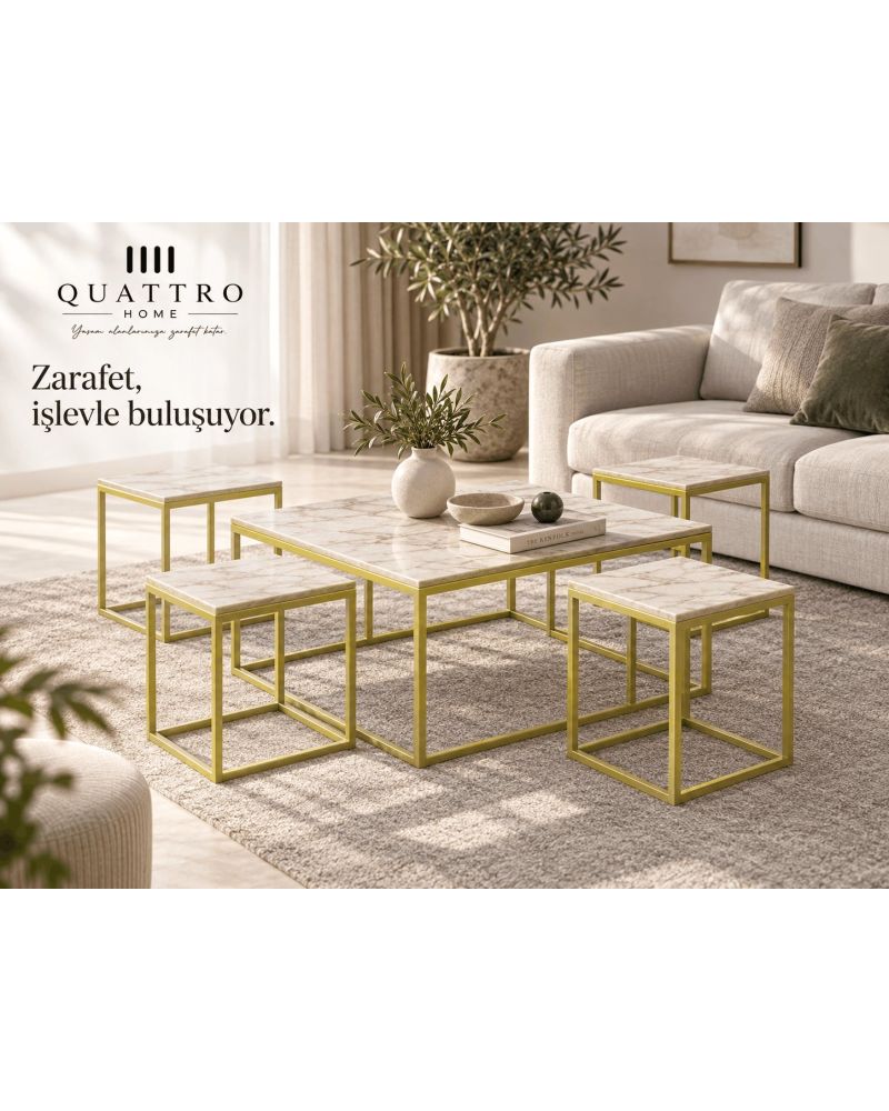 5'li Mermer Desenli Orta ve Zigon Sehpa Takımı - Beyaz ve Gold