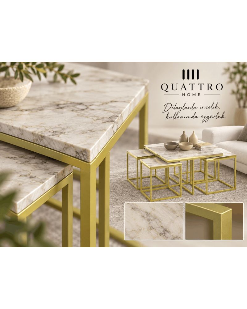 5'li Mermer Desenli Orta ve Zigon Sehpa Takımı - Beyaz ve Gold