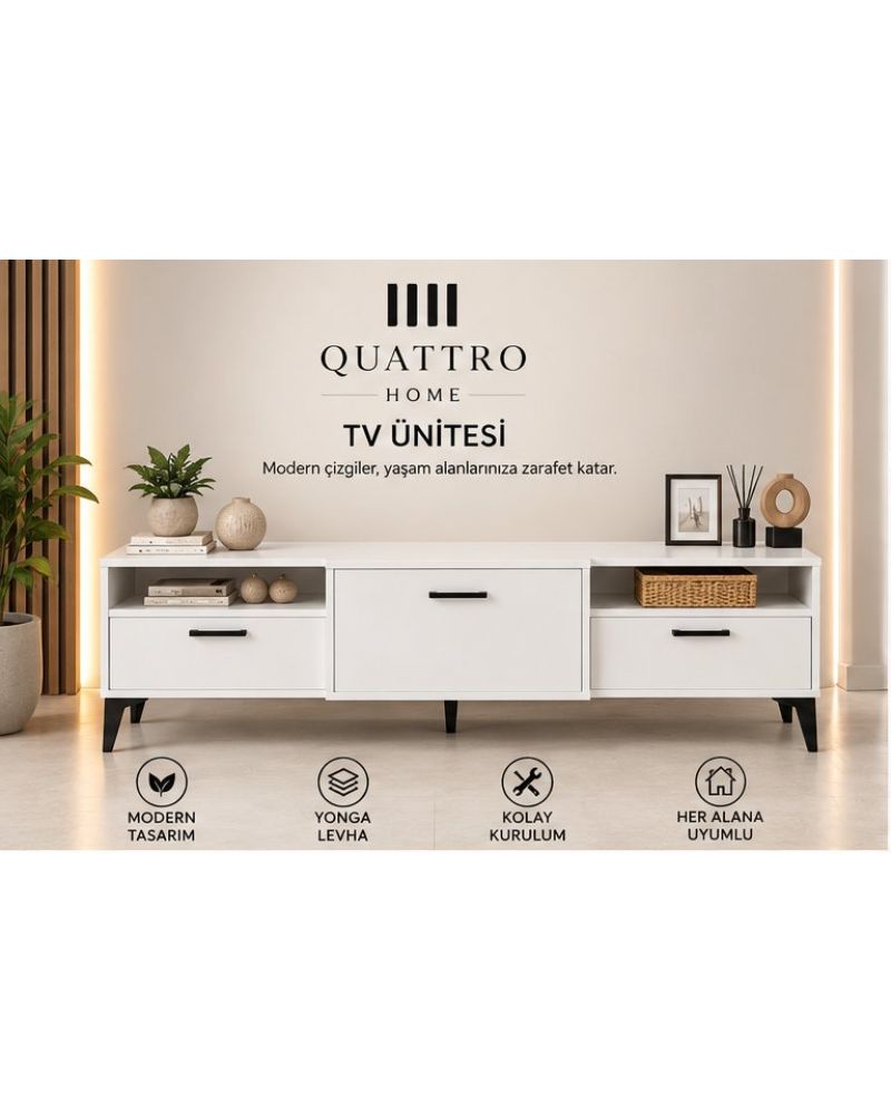 Metalik Beyaz TV Sehpası 160x40 cm